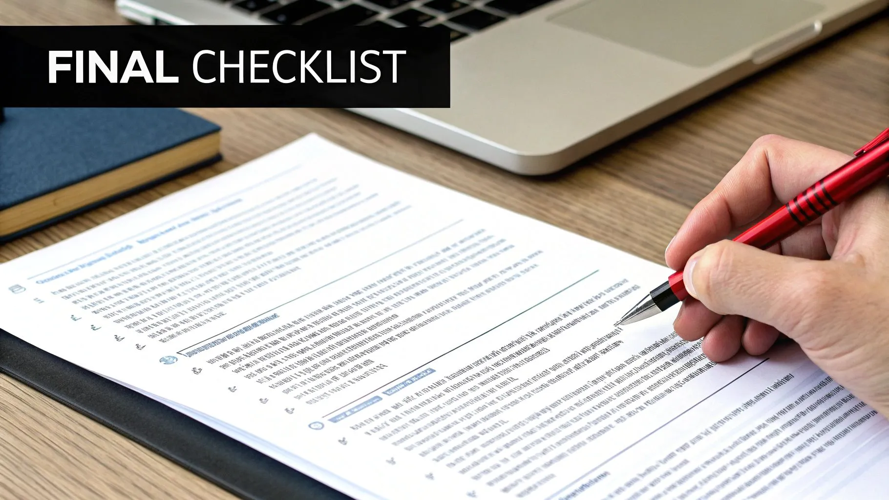 A person's hand with a red pen reviewing a document titled "FINAL CHECKLIST" on a wooden desk.