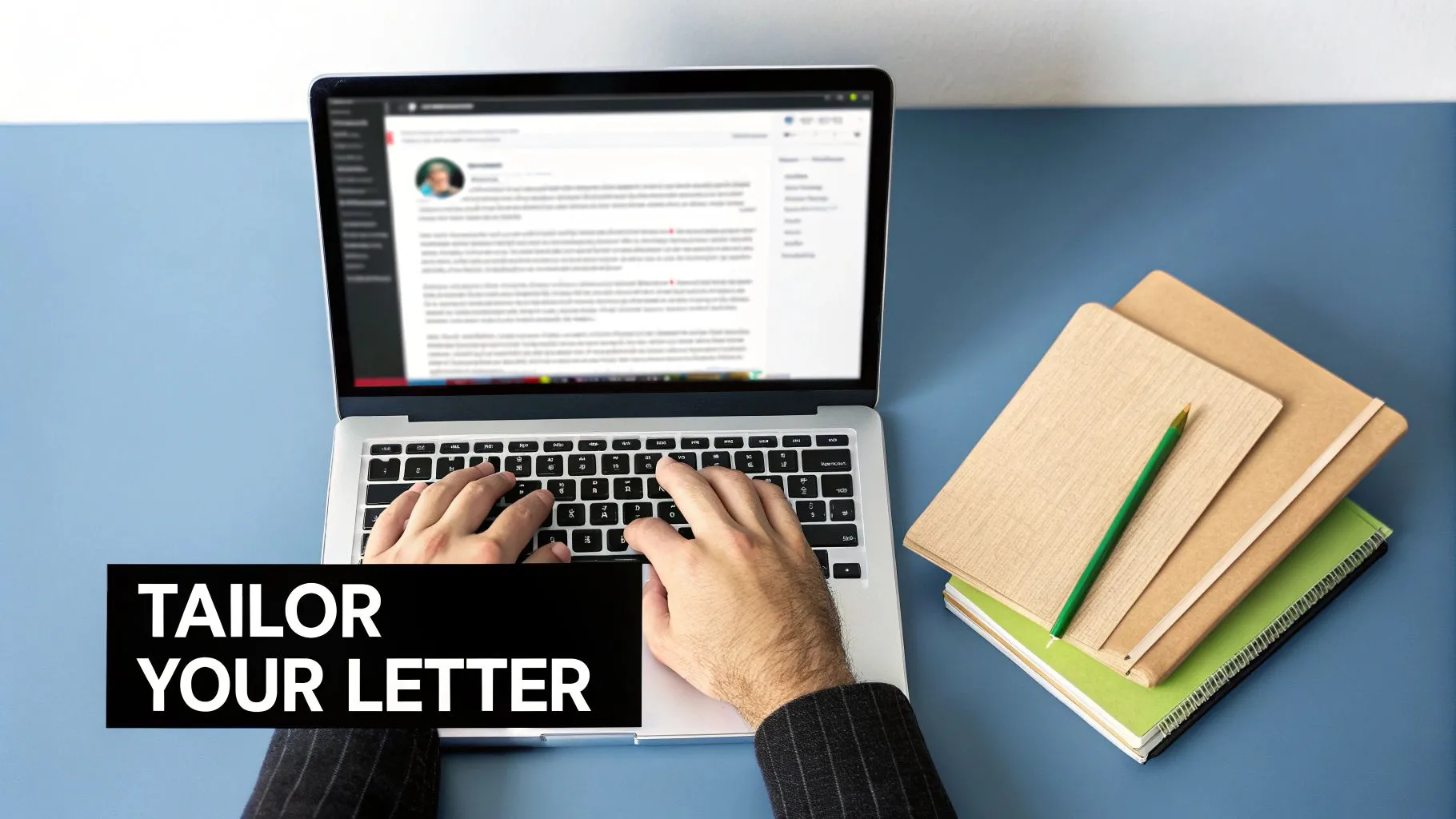 Person typing on a laptop with notebooks and a pencil nearby, tailoring a letter.