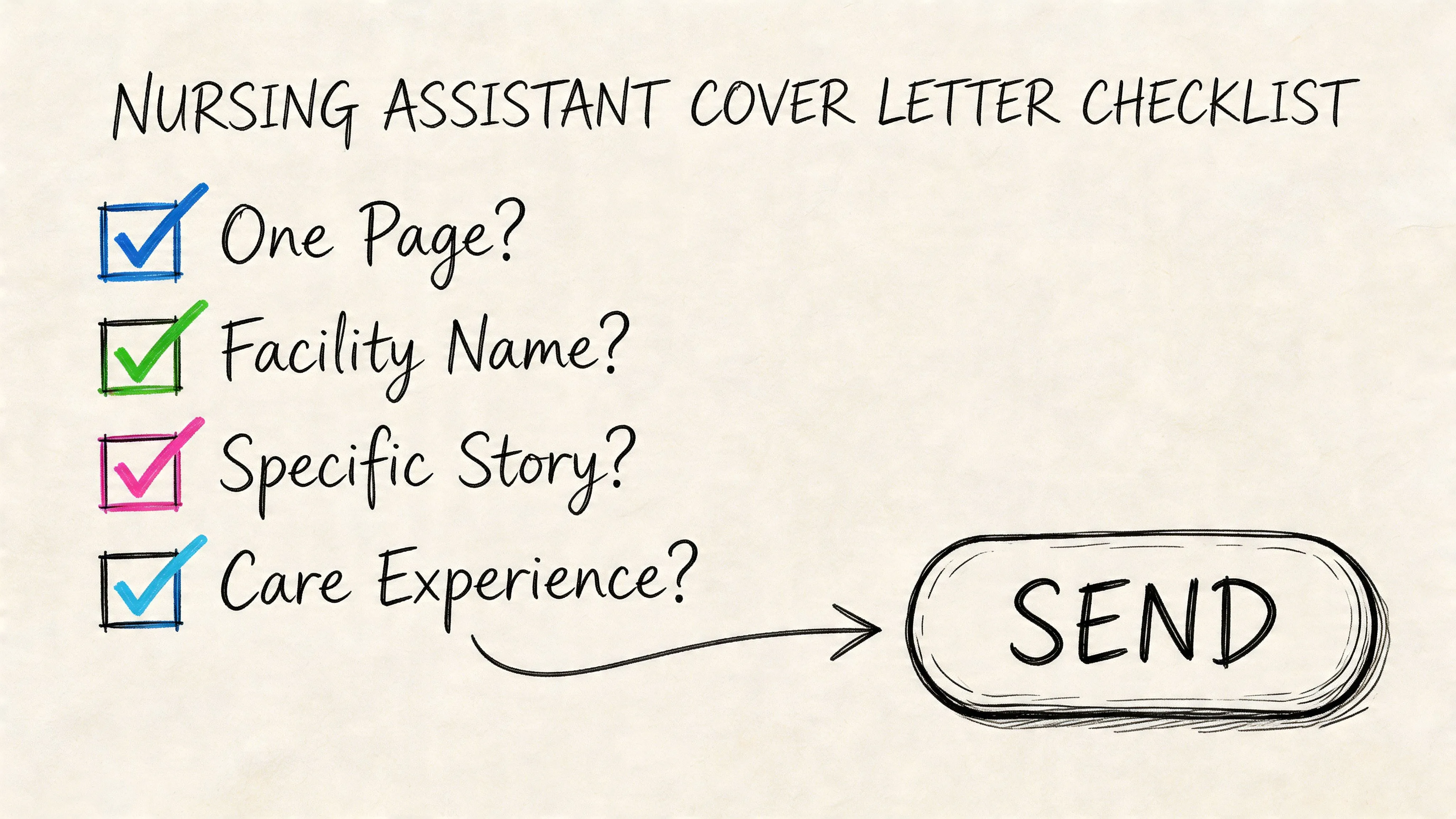 A checklist for a nursing assistant cover letter with four marked items and a send button.