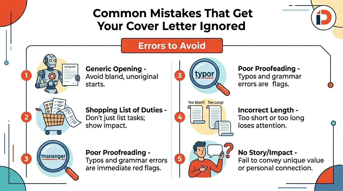 An infographic listing five common mistakes to avoid when writing a professional cover letter.