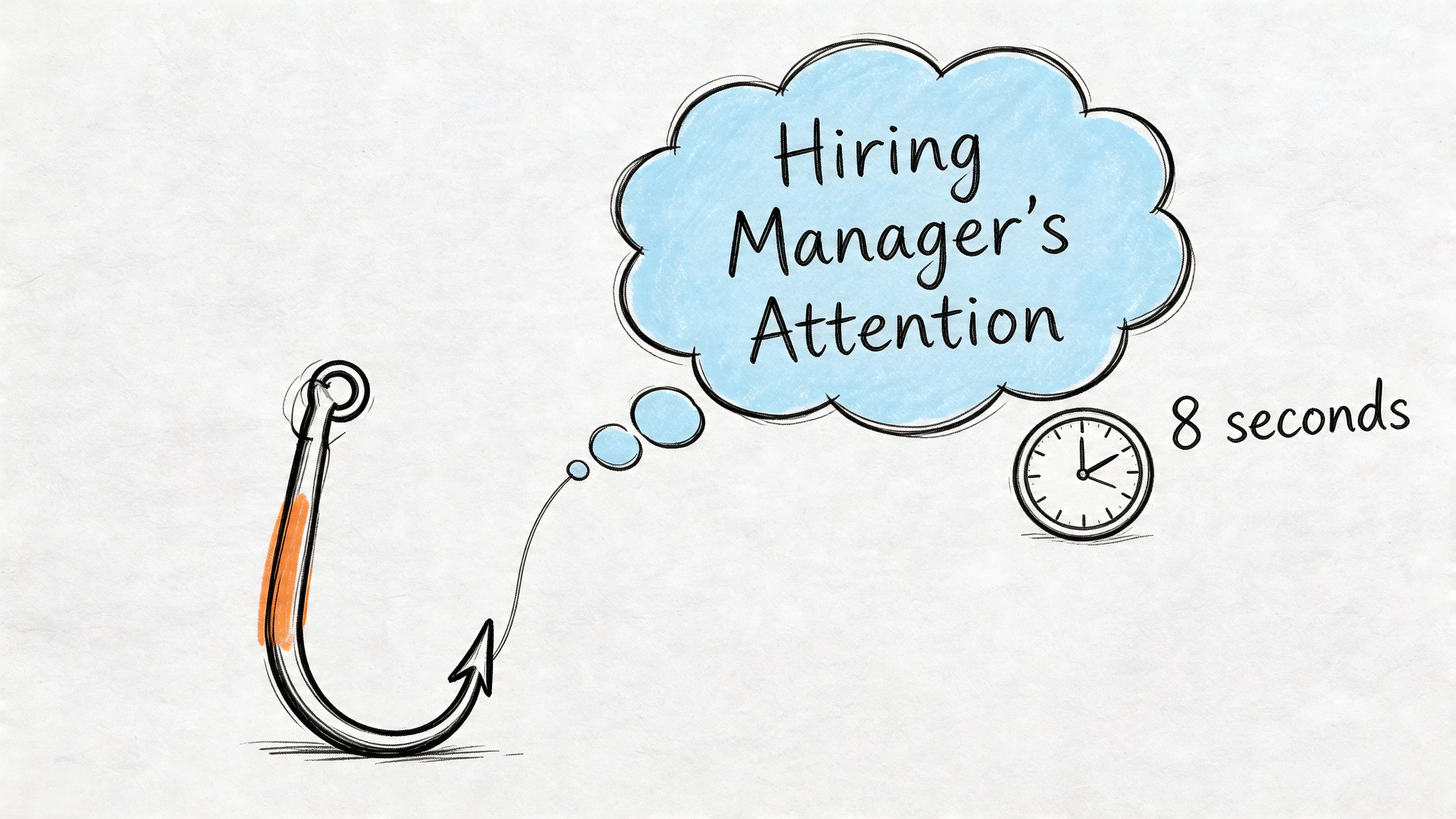 A hand-drawn illustration showing a fishing hook catching a thought bubble labeled Hiring Manager's Attention in eight seconds.