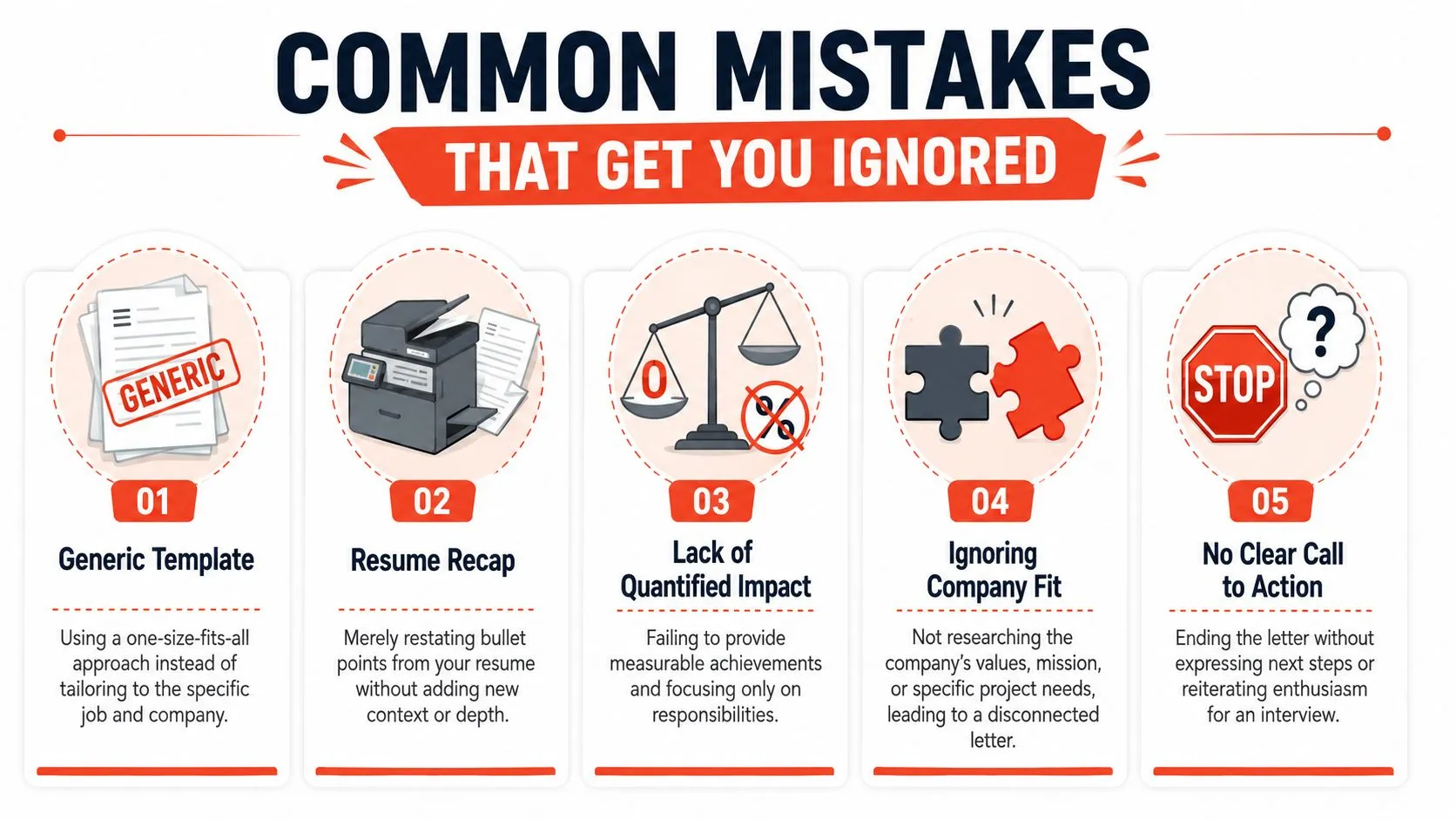 An infographic showing five common cover letter mistakes that lead to job application rejection.