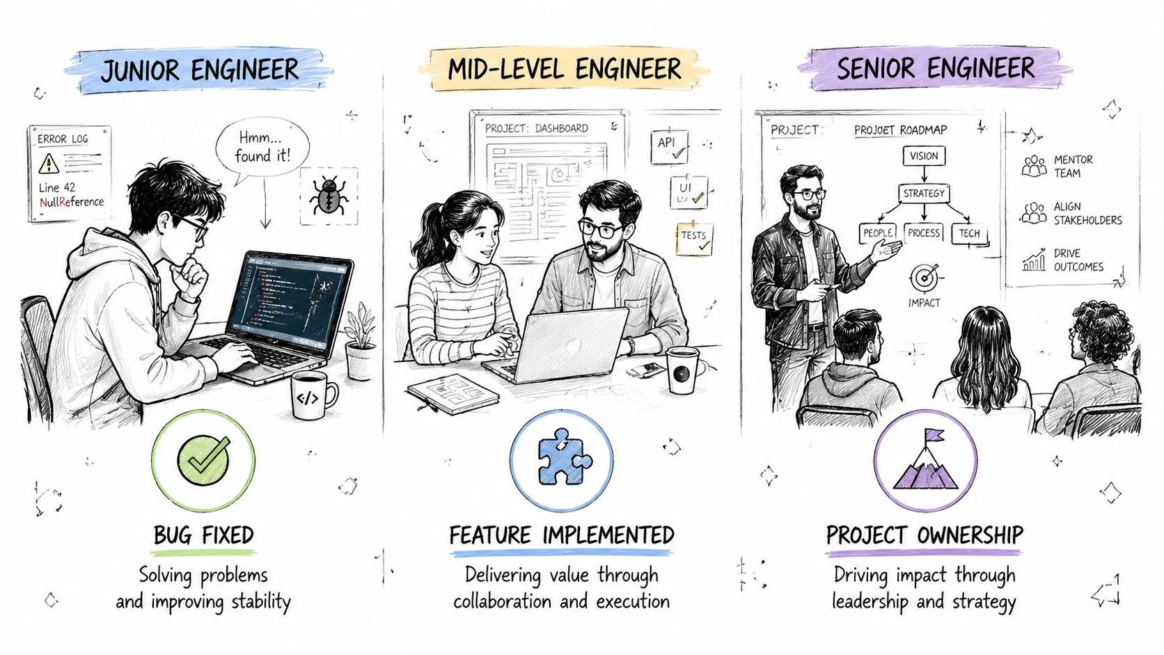An illustration comparing the roles and responsibilities of Junior, Mid-Level, and Senior software engineers in a team.