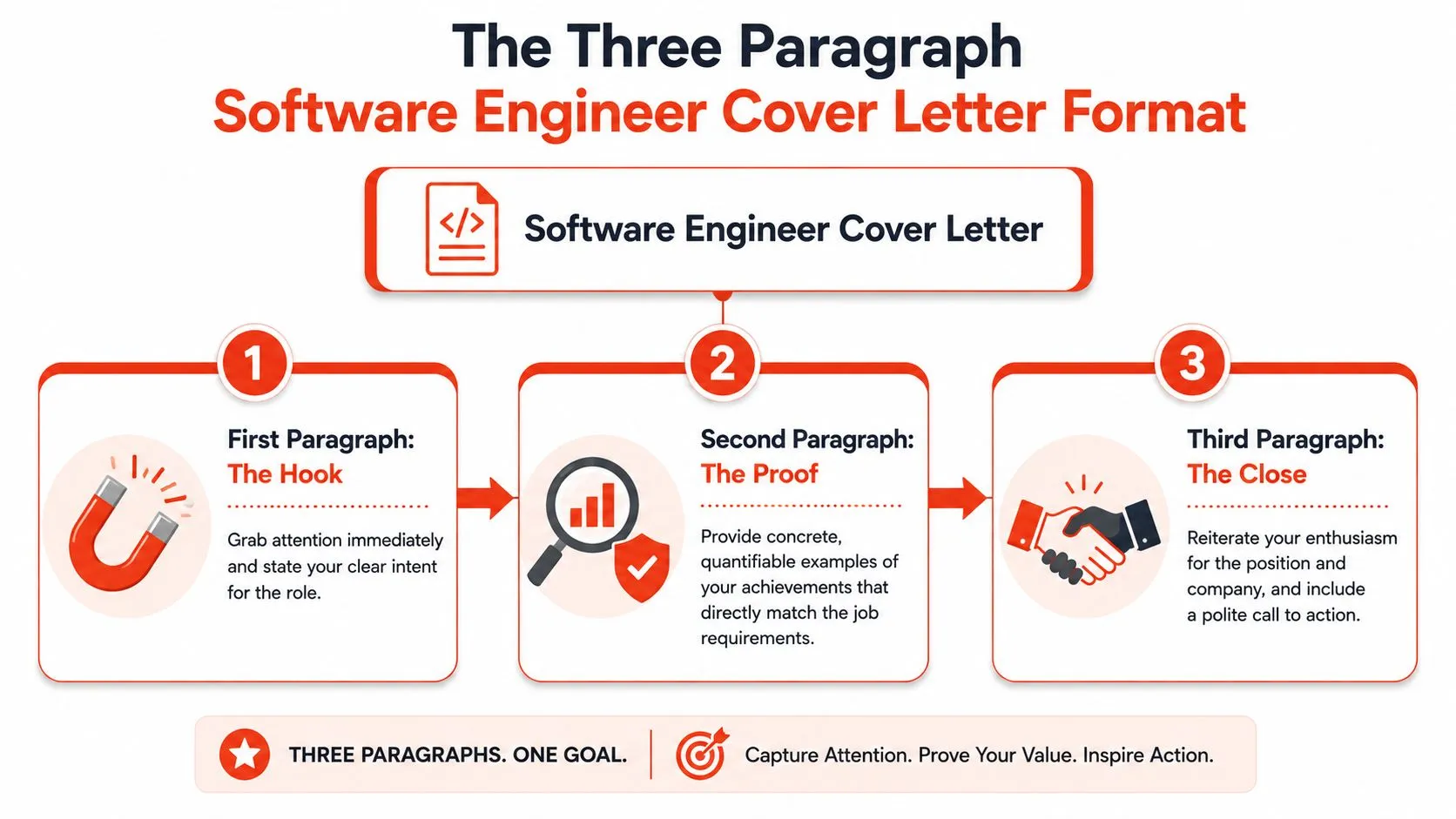 An infographic showing the three-paragraph cover letter format specifically designed for software engineer job applications.