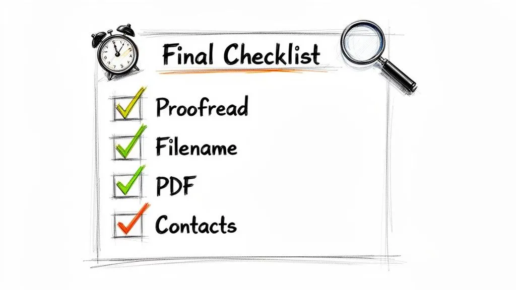 A 'Final Checklist' image with an alarm clock and magnifying glass, showing completed tasks for a document.