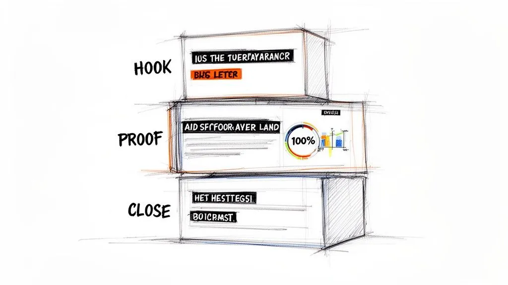 A sketched diagram illustrating a three-part structure: Hook, Proof, and Close, with text and graphics.