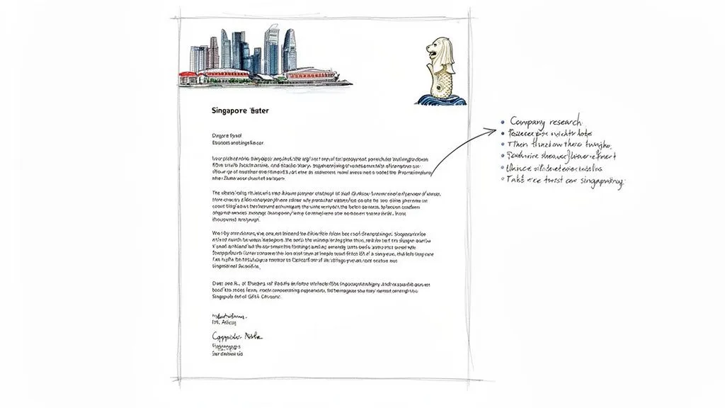 A hand-drawn sketch of a Singapore-themed cover letter with handwritten notes on the side.