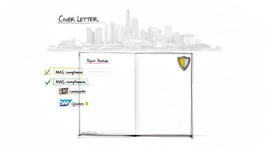 A sketched cover letter with 'MAS compliance' checks, 'SAP' and 'Bloomberg' logos, set against a Singapore cityscape.
