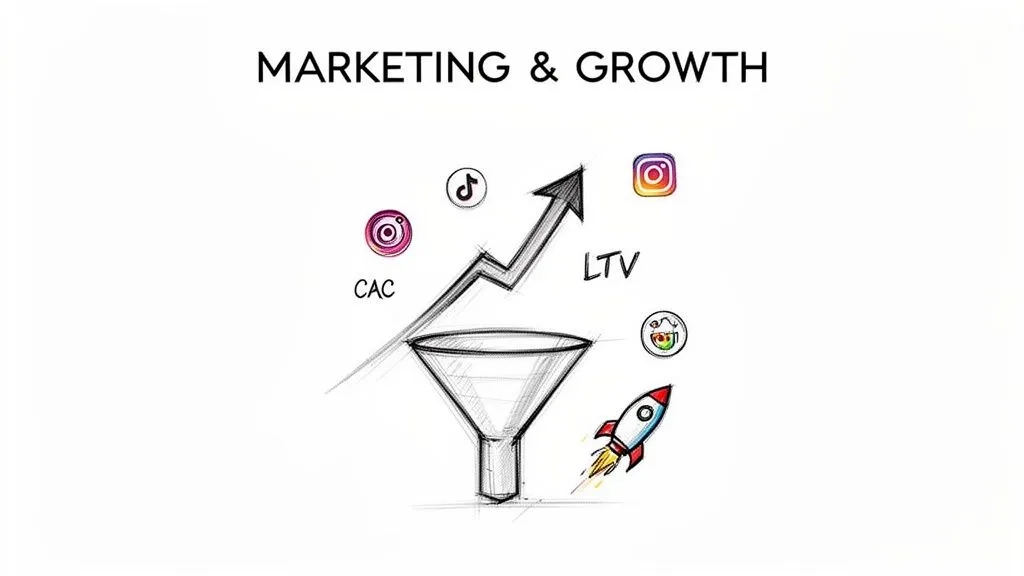 Illustration of marketing and growth strategy, showing a sales funnel, upward trend, social media icons, CAC, and LTV.