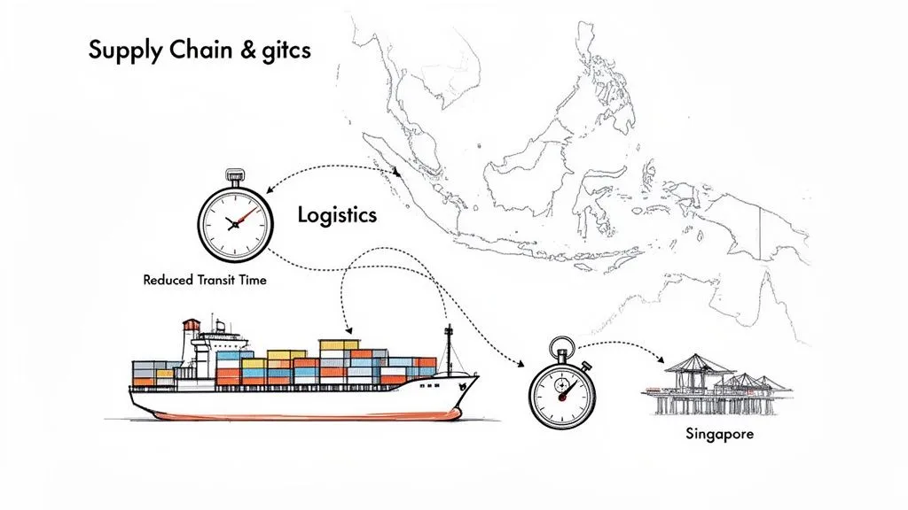 Supply chain logistics diagram showing a cargo ship, reduced transit time, and map to Singapore.
