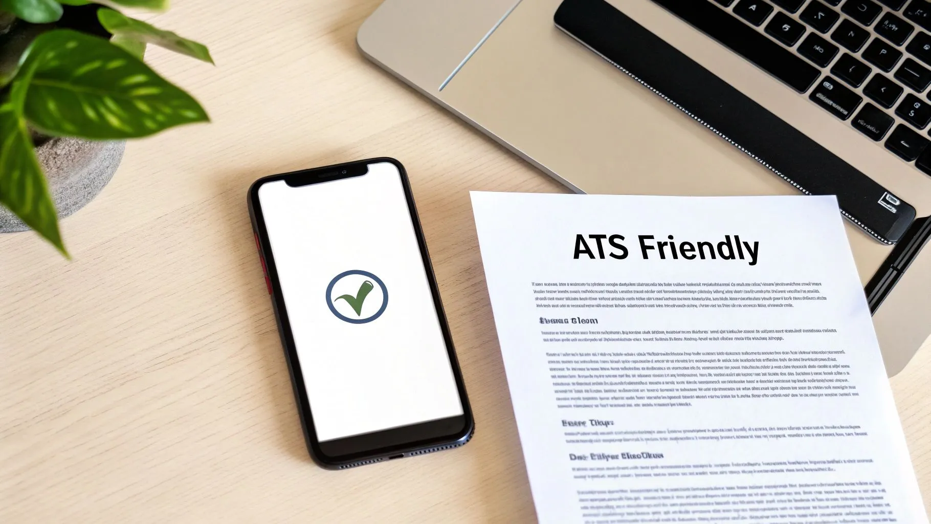An ATS friendly document and a smartphone with a green checkmark on a wooden desk with a laptop.