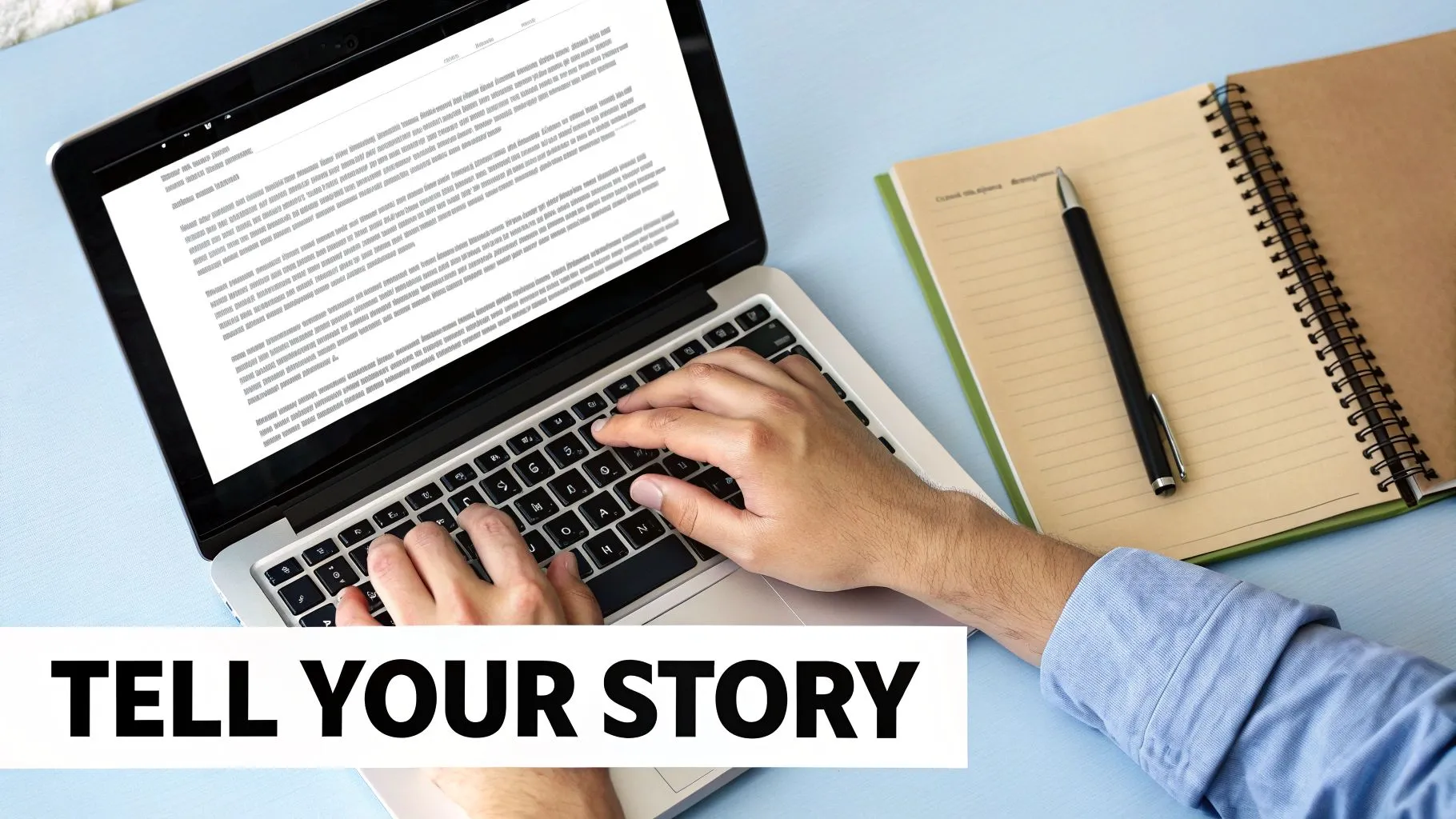 A person types on a laptop next to an open notebook and pen, with text 'TELL YOUR STORY' overlaid.