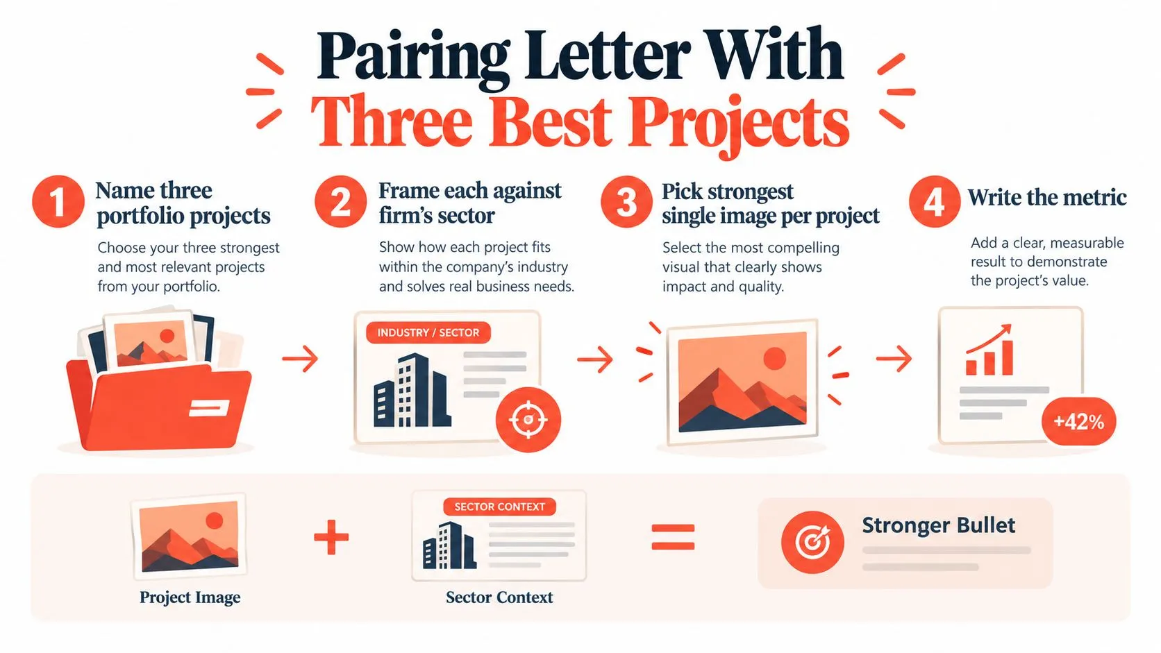 A step-by-step infographic illustrating how to create effective project portfolio bullet points for cover letters.