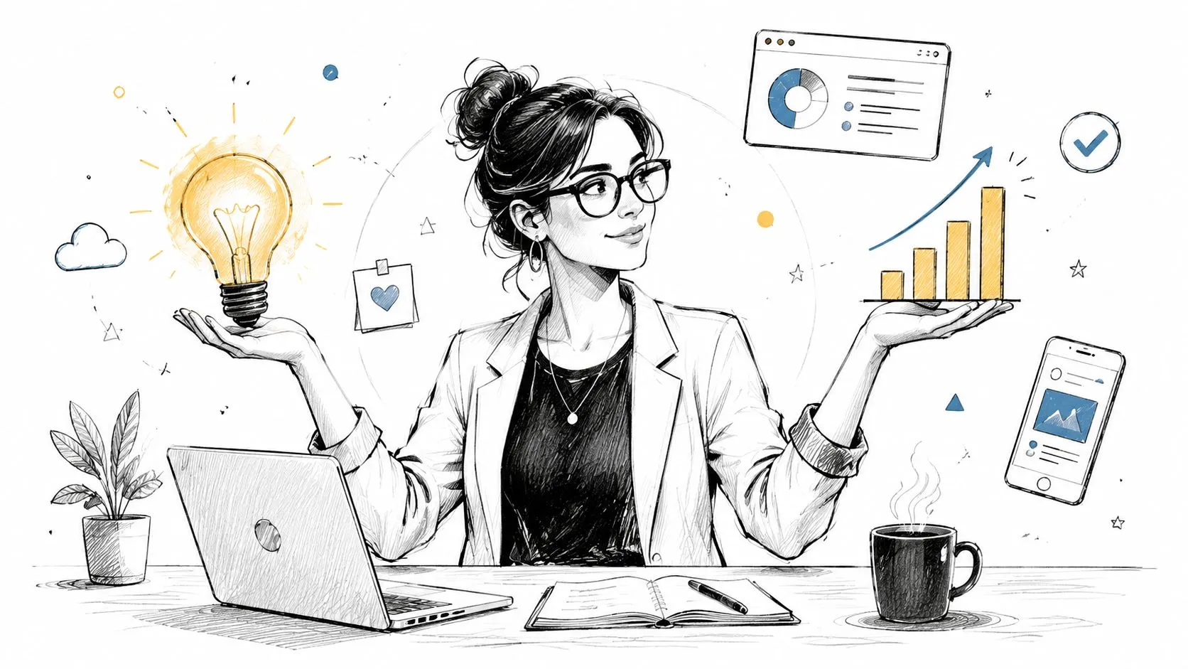 A professional woman working at a desk, balancing creative ideas and business growth in a sketch style illustration.