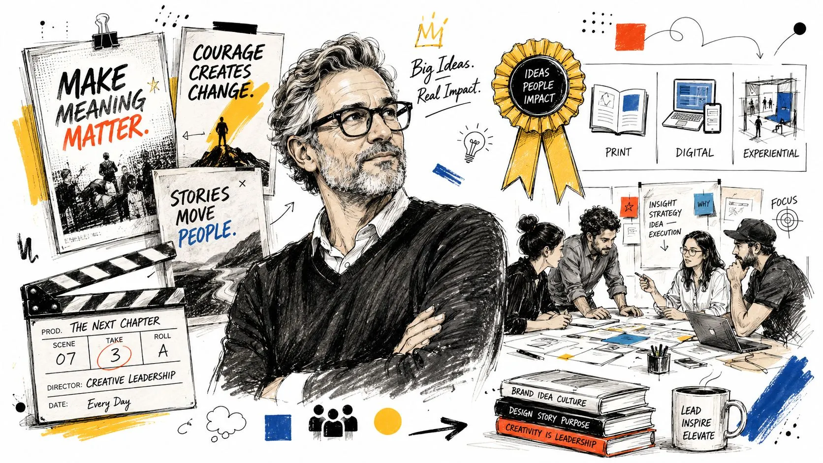A professional creative director standing with arms crossed next to sketches of team collaboration and marketing concepts.