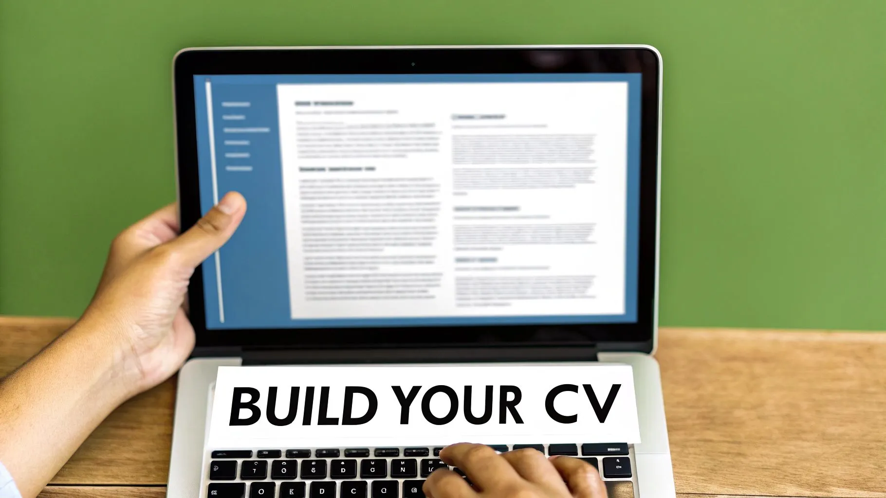 Person building their curriculum vitae on a laptop, with 'BUILD YOUR CV' text displayed.