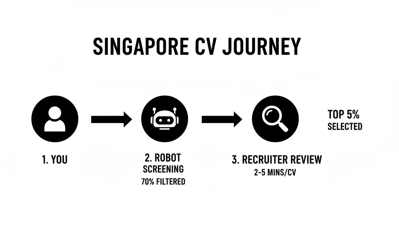 Flowchart showing the Singapore CV journey from applicant to robot screening and recruiter review.