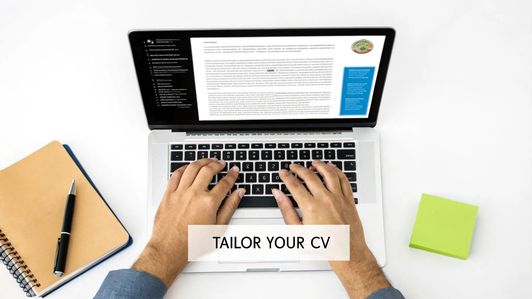 Person typing on laptop to tailor their CV, with a notebook and sticky notes on a white desk.