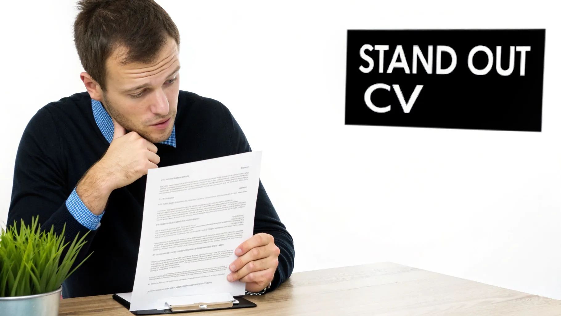 A focused man intently reviews a document, likely a CV, with "STAND OUT CV" in the background.