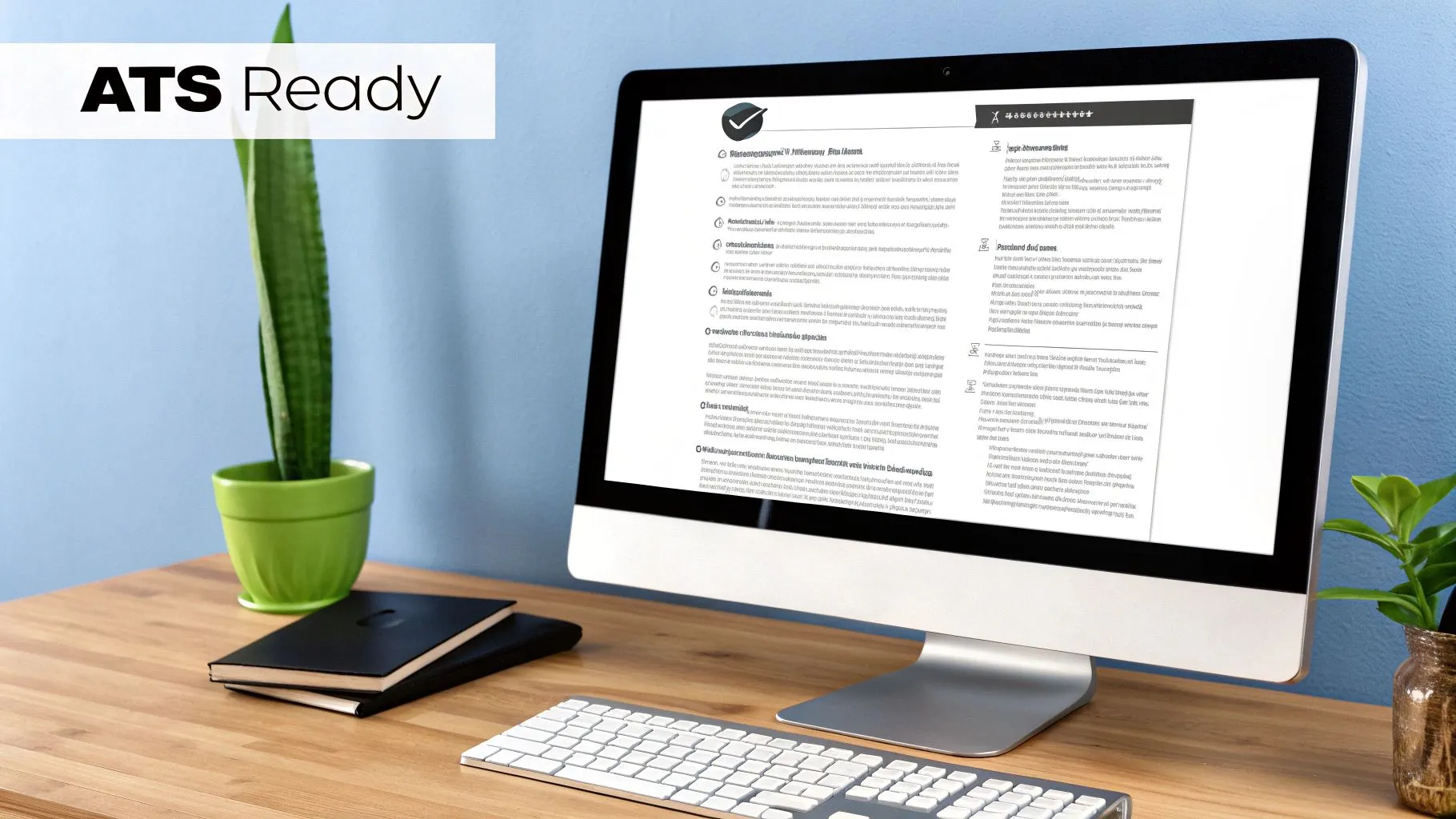 A computer monitor on a wooden desk displays an ATS-ready curriculum vitae document, alongside plants and notebooks.
