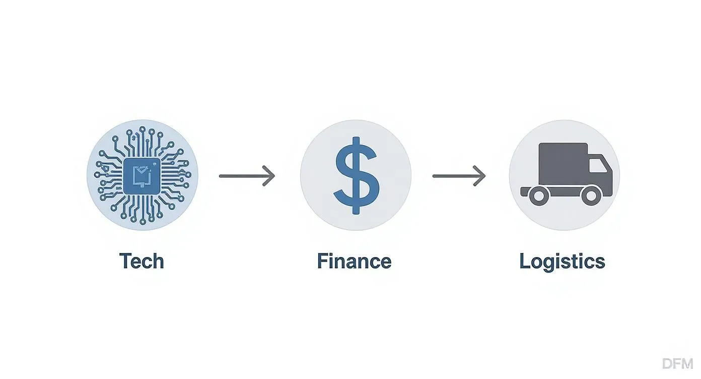 A diagram illustrating a flow from technology (circuit board) to finance (dollar sign) to logistics (truck).