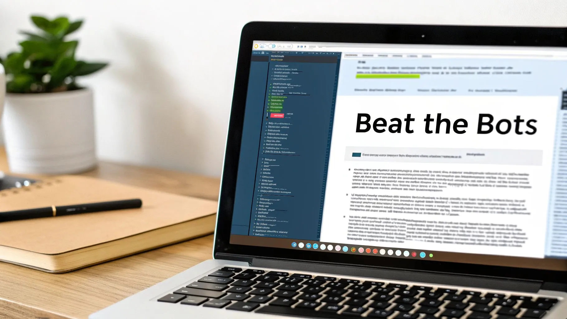 A laptop on a wooden desk displays a document titled 'Beat the Bots' with a notebook and pen.