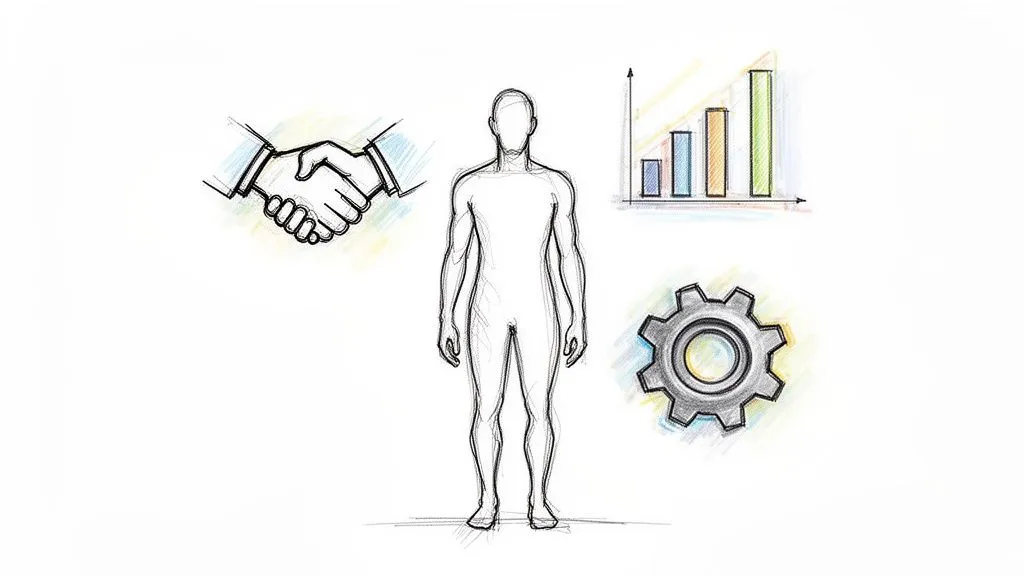 Hand-drawn sketch of a human figure with a handshake, bar chart, and gear icons.