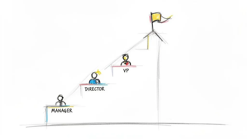 Illustration of a career ladder showing progression from Manager to Director, VP, and a goal flag.