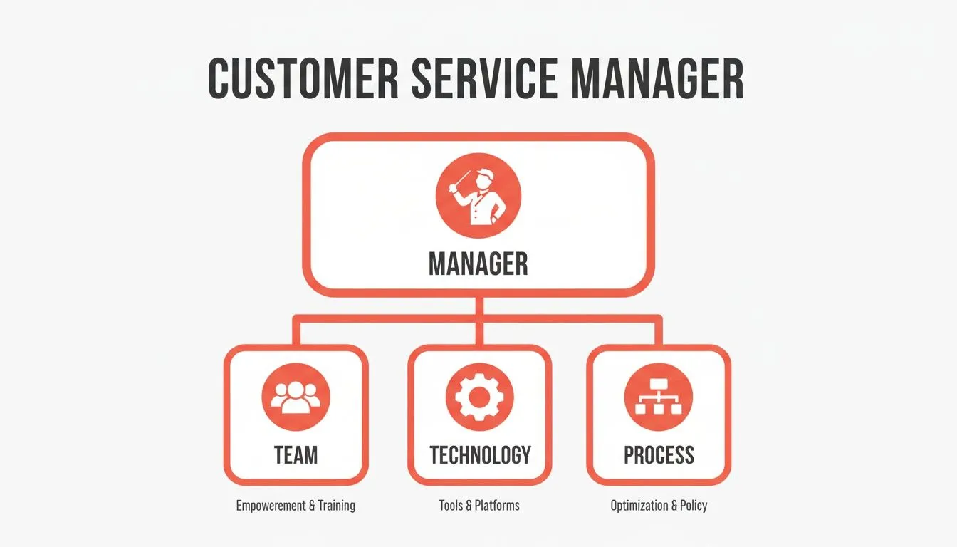 An organizational chart showing the structure of a customer service manager's role, including team, technology, and process.