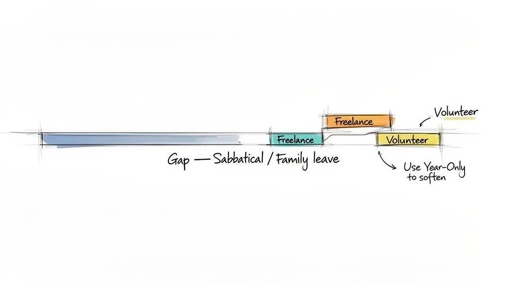 A career timeline illustrating how to present gaps, freelance, and volunteer work on a resume.