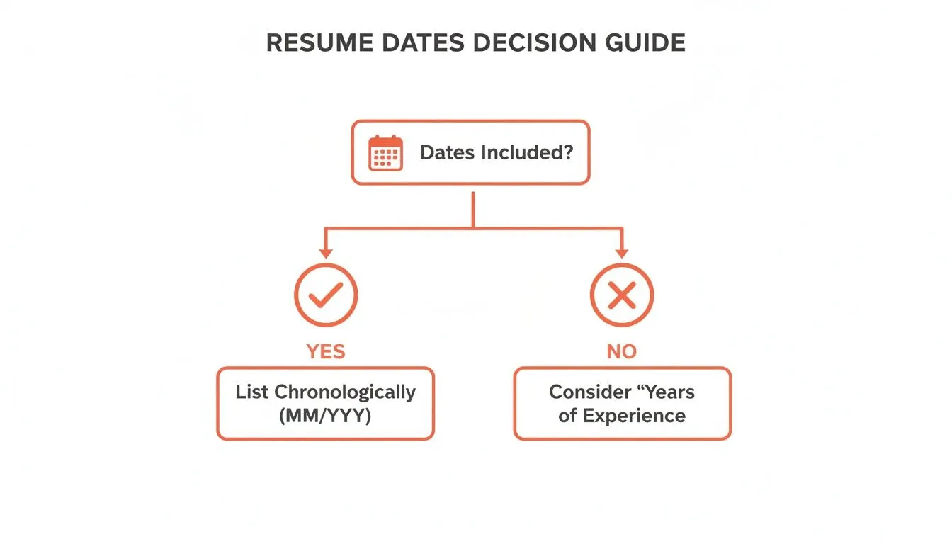 Flowchart guiding how to handle dates on a resume: include chronologically or use years of experience.