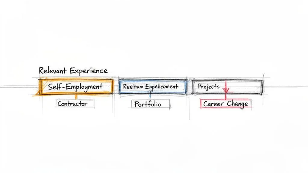 A hand-drawn diagram illustrating different categories of relevant experience, including self-employment, portfolios, and projects for career change.