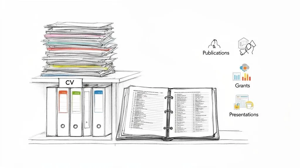 A sketch showing a stack of papers, CV binders, an open notebook, and icons for publications, grants, and presentations.