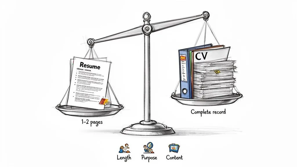 An illustration comparing a short resume (1-2 pages) with a long CV (complete record) on a weighing scale.