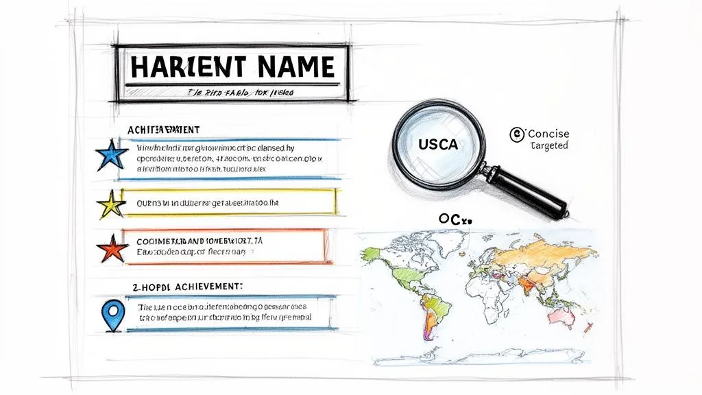 A hand-drawn sketch of a presentation slide showing achievements, a magnifying glass with 'USCA', and a world map.