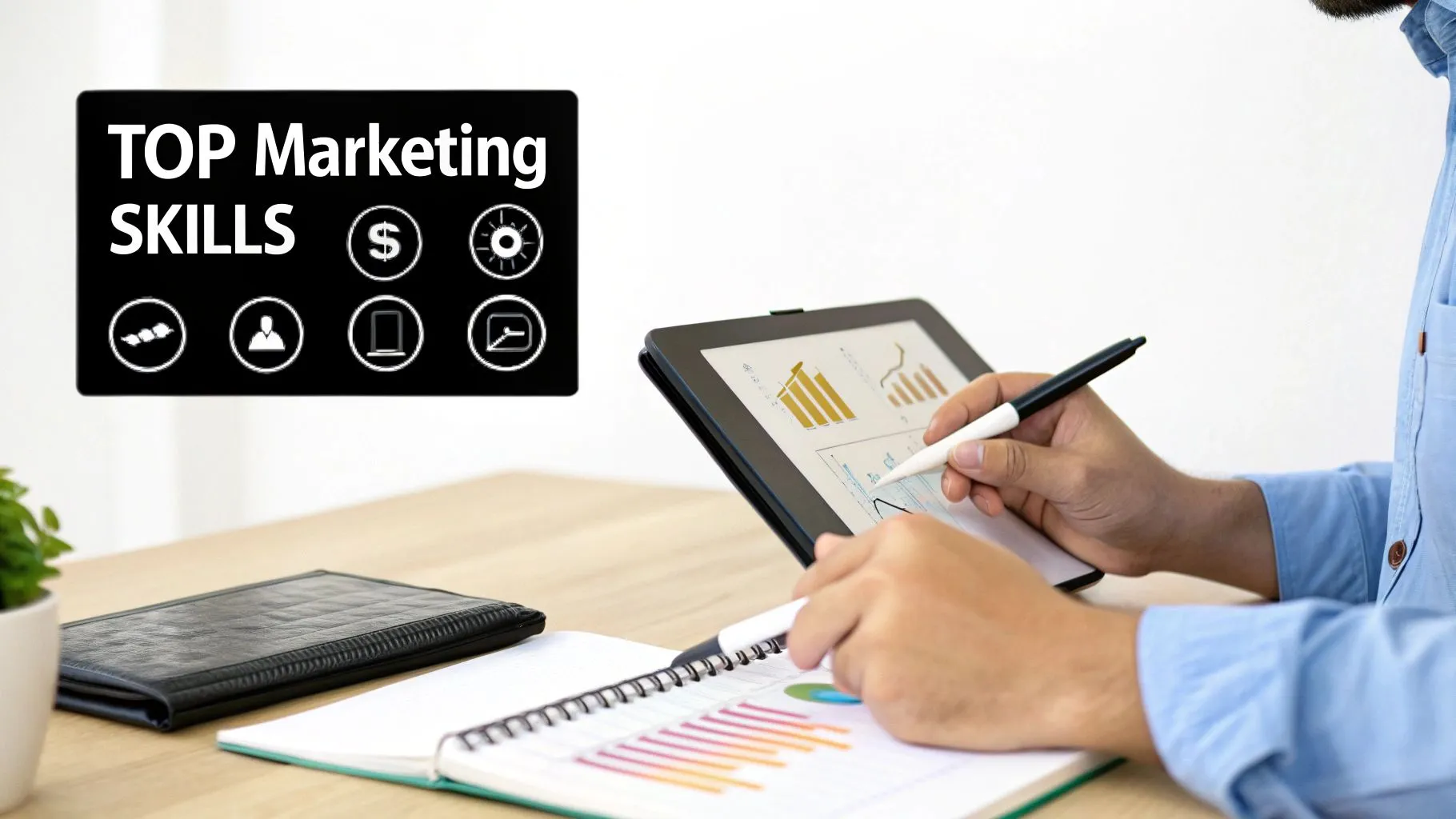 Person analyzing marketing data on a tablet and notebook with 'TOP Marketing SKILLS' display.