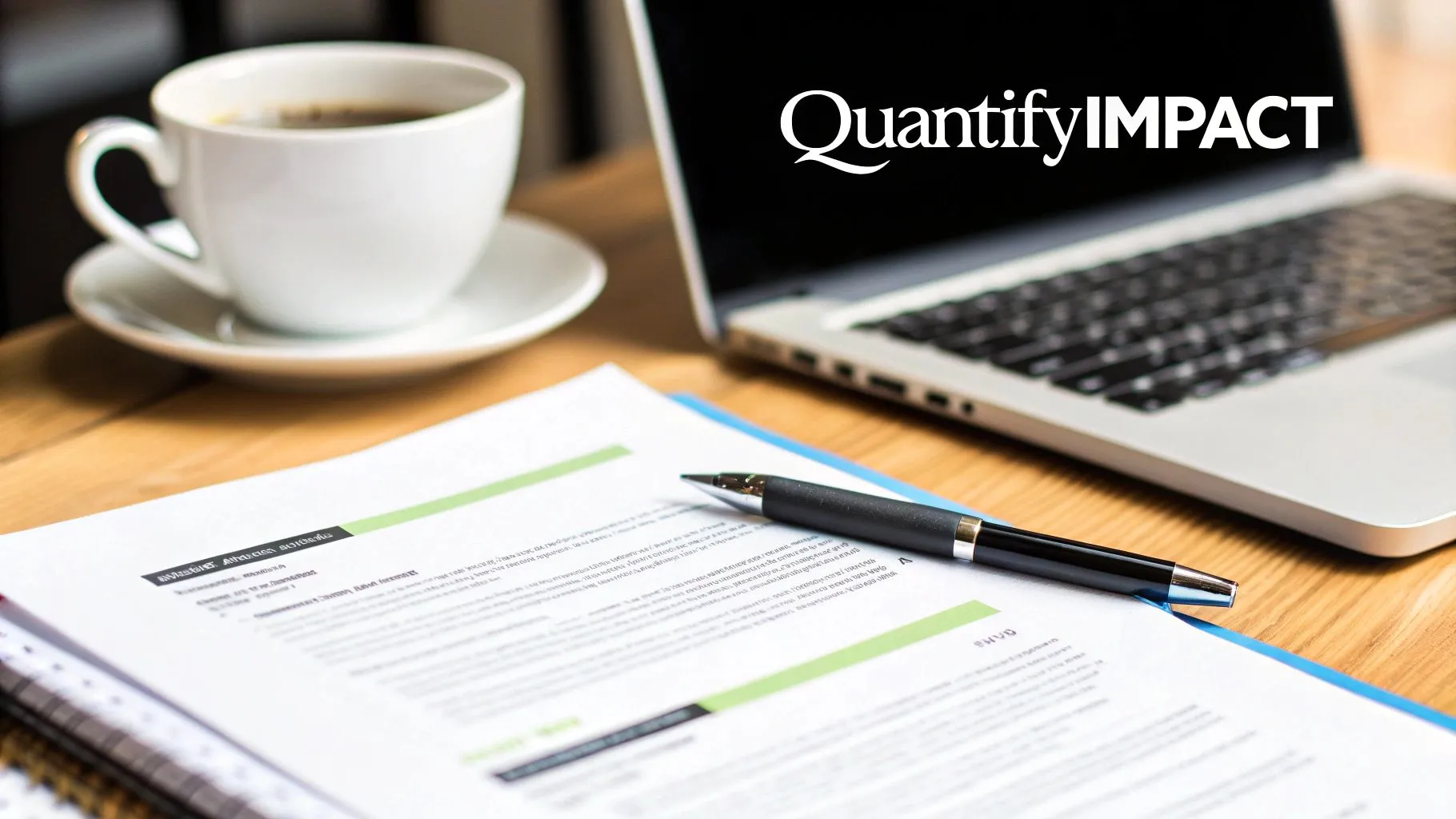 A workspace with a laptop displaying 'QuantifyIMPACT', a coffee cup, documents, and a pen.