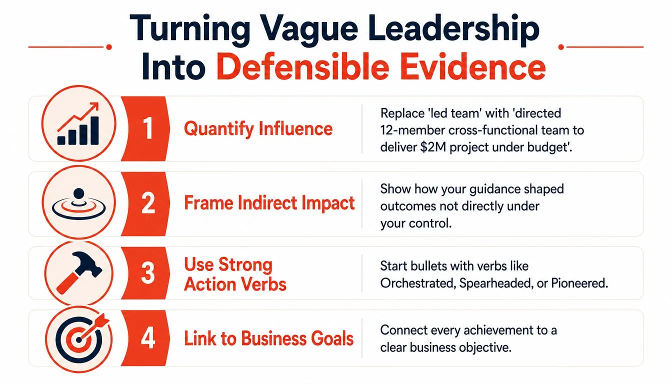A professional infographic titled Turning Vague Leadership Into Defensible Evidence with four actionable career development tips.