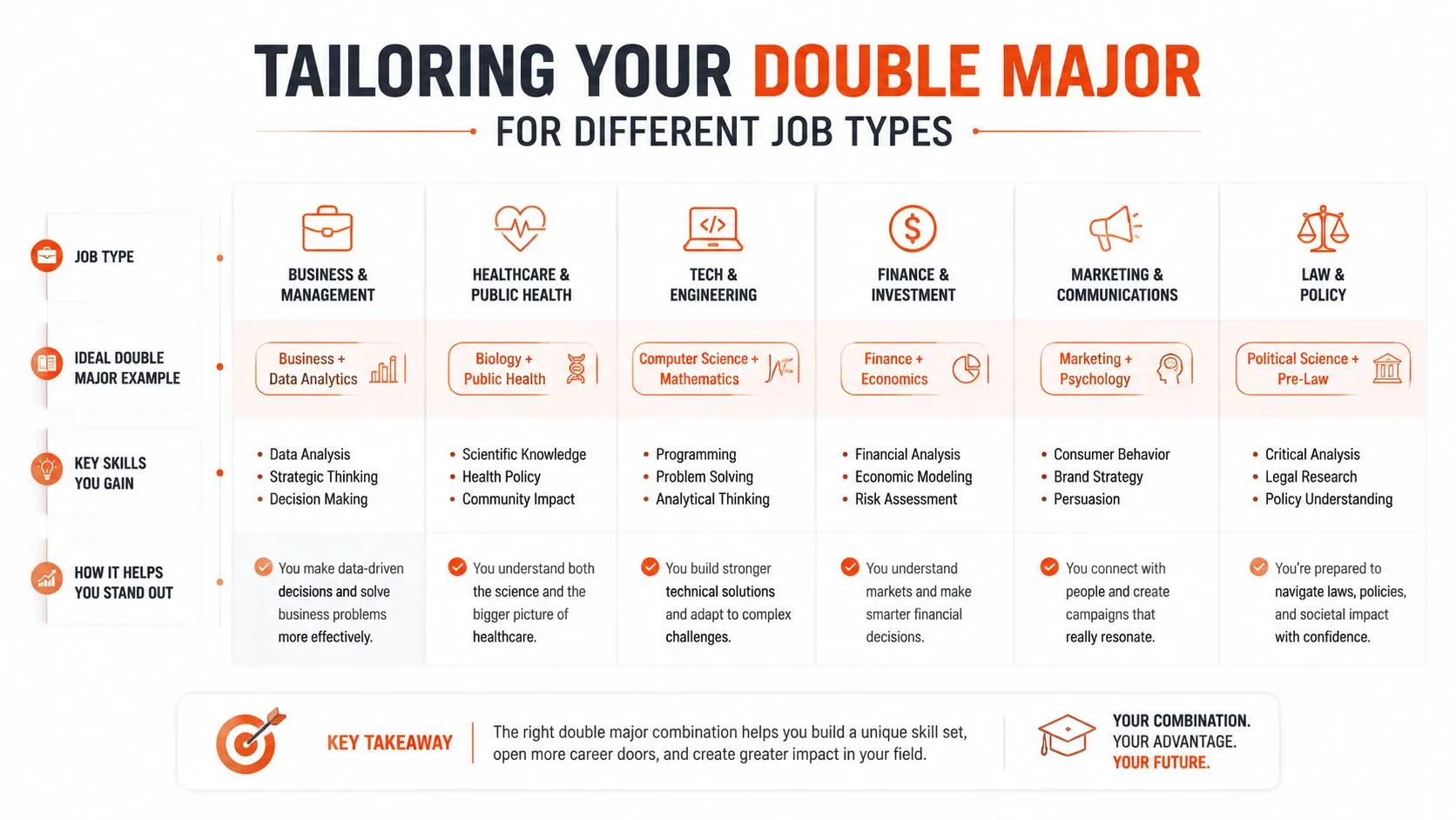 A guide showing how to prioritize a double major in Computer Science and Economics for different career goals.