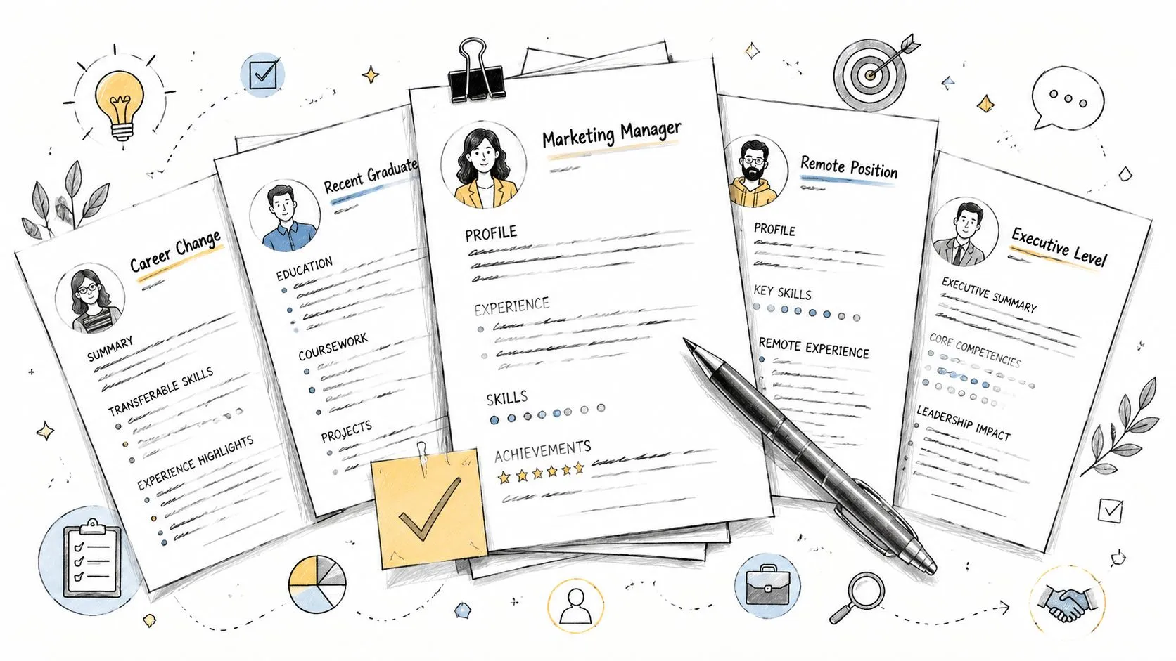 An illustration showing multiple resume templates for different career levels arranged on a white background with office supplies.