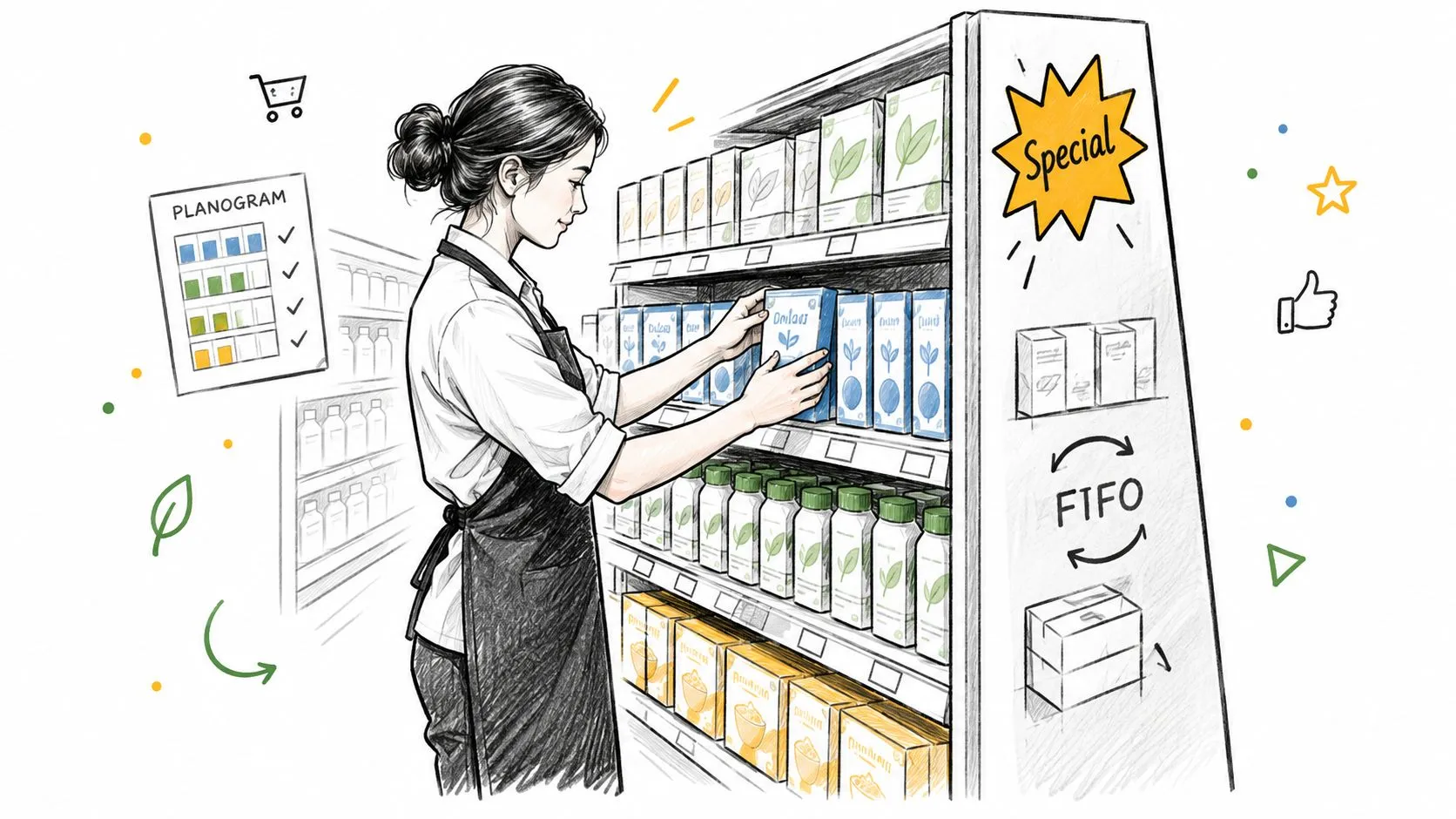A retail worker neatly arranging products on supermarket shelves according to a planogram and FIFO stocking methods.