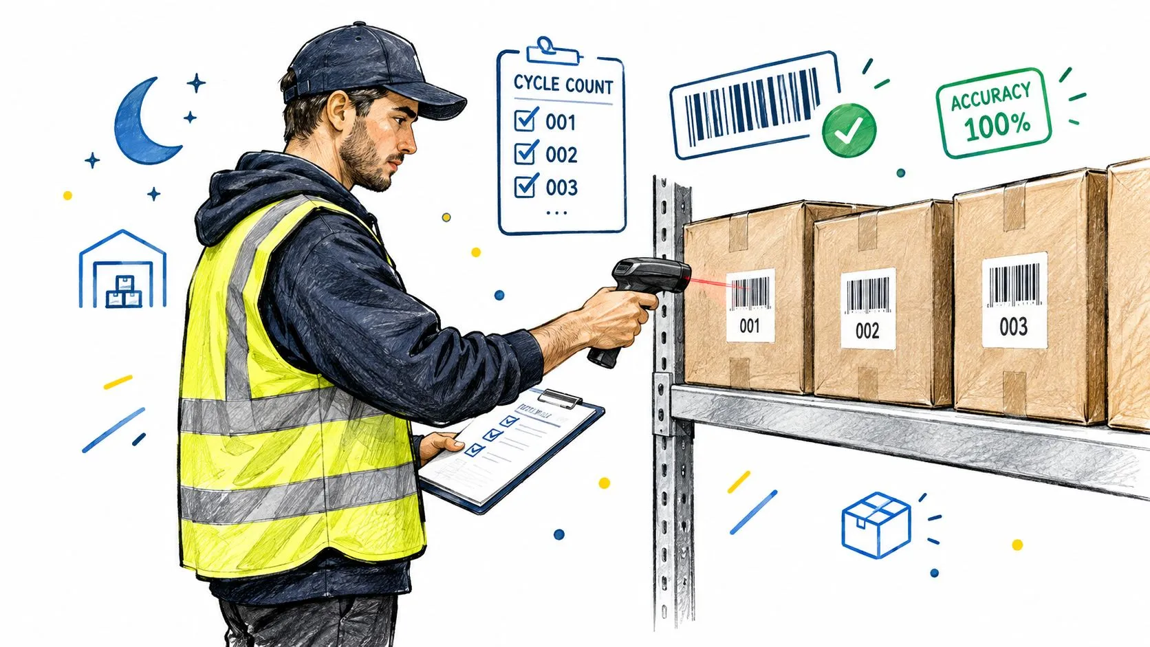 A warehouse worker in a safety vest scanning barcodes on boxes while performing an overnight cycle count.
