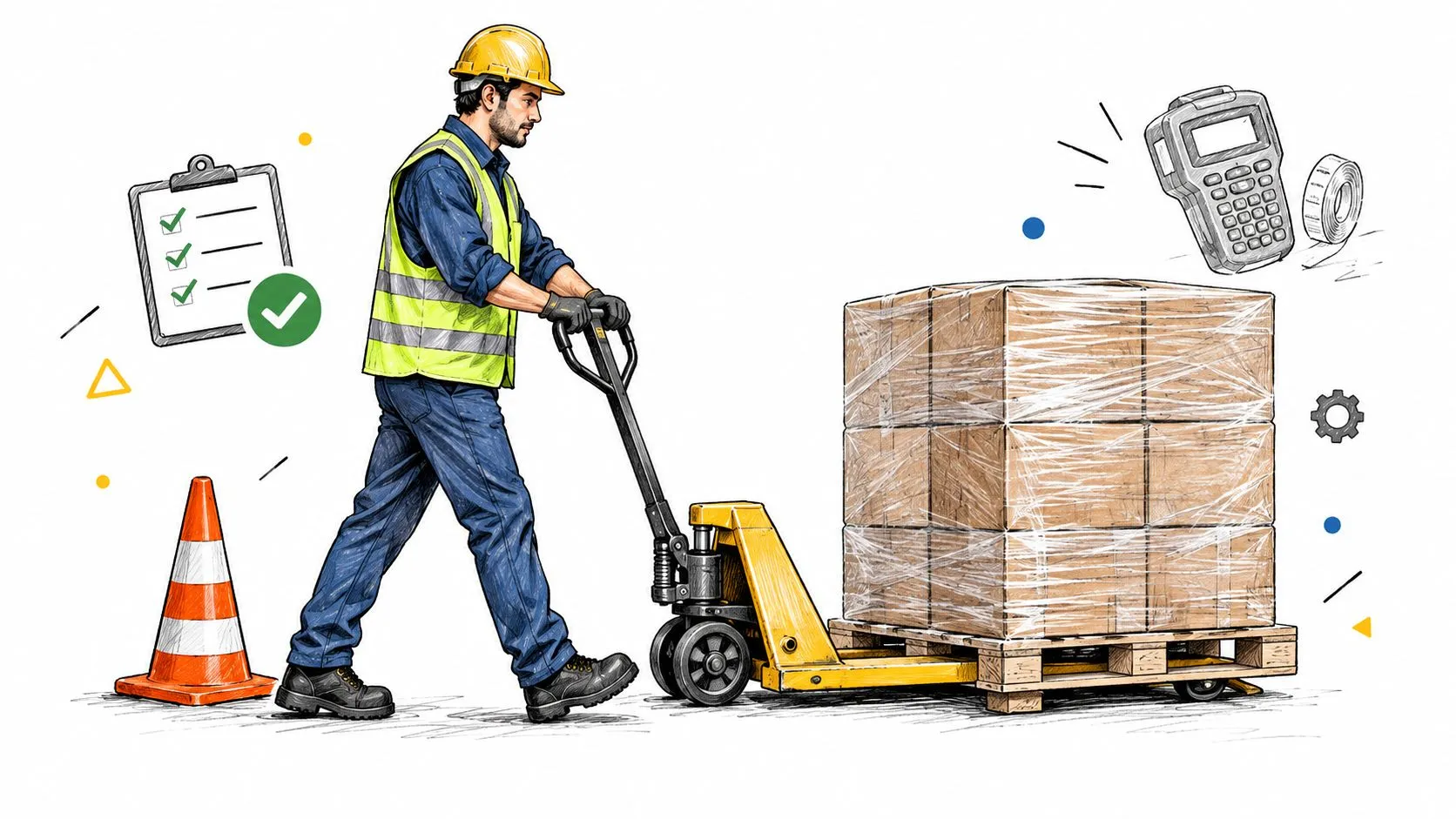 A professional warehouse worker in a yellow safety vest and helmet pulling a pallet of goods.