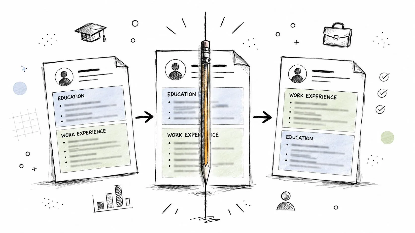 A hand-drawn illustration showing the process of rearranging resume sections to prioritize work experience over education.