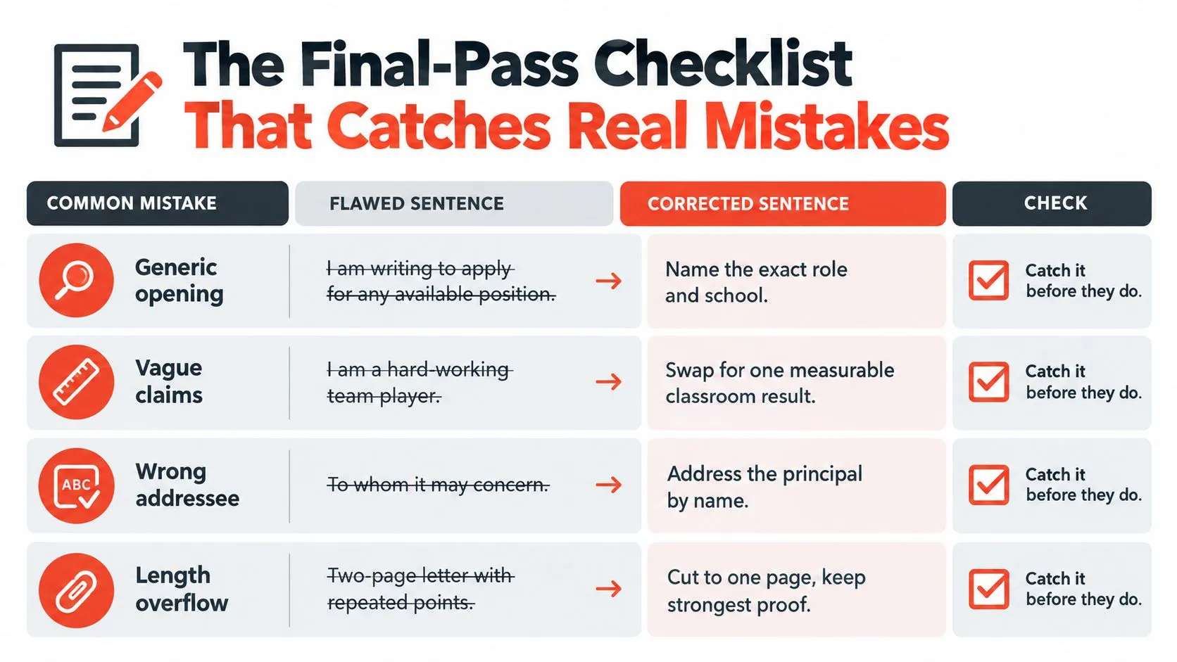 A checklist table titled The Final-Pass Checklist illustrating common cover letter mistakes and their corresponding corrections.