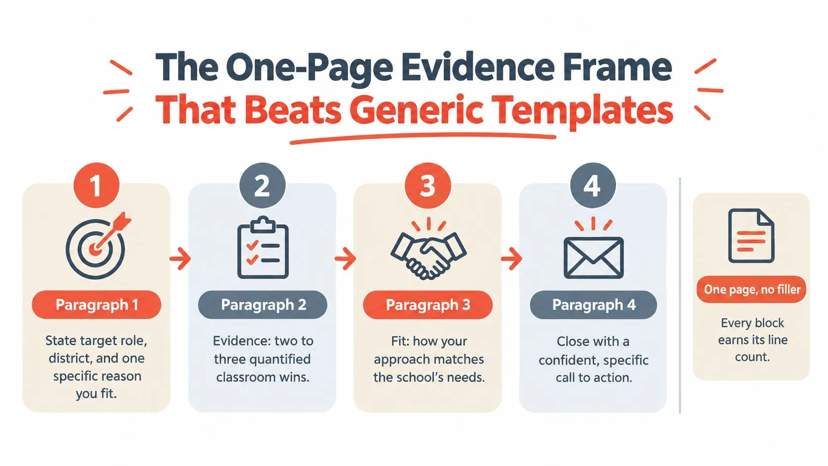 An infographic showing a four-step guide for creating a one-page evidence-based educational assistant cover letter.