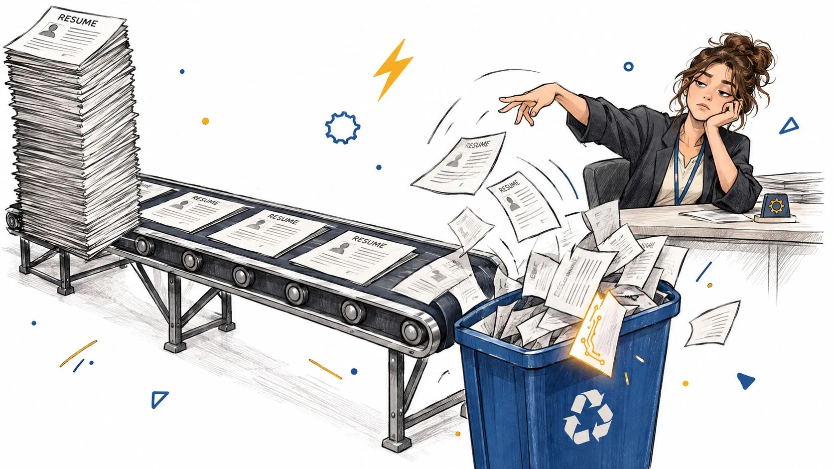 A tired recruiter sits at a desk discarding stacks of job resumes into a blue recycling bin.