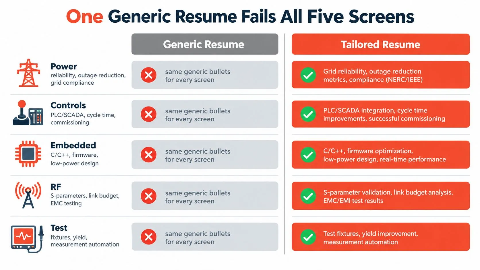 A comparison chart showing how tailoring a resume for specific engineering roles outperforms a generic resume approach.