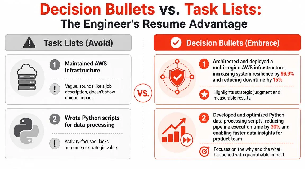 A comparison chart showing how to improve engineer resume bullet points from task lists to decision bullets.