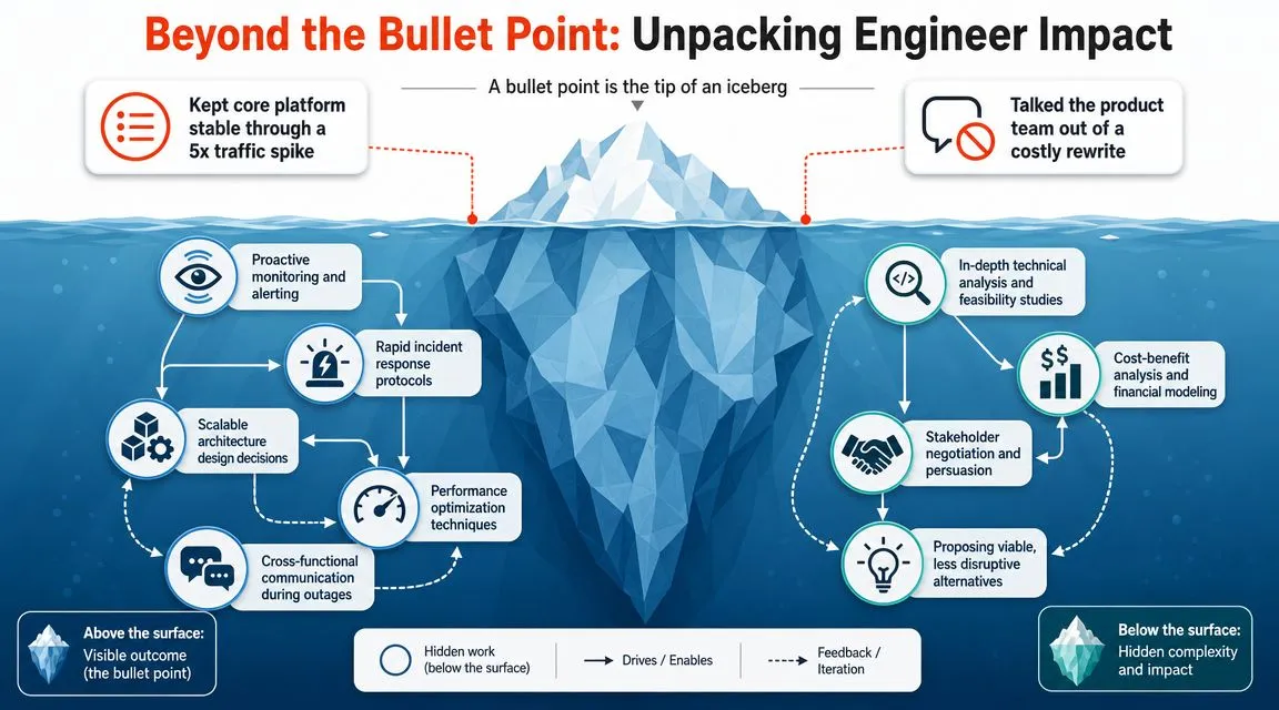 An iceberg illustration showing how visible engineering accomplishments are supported by significant, hidden technical and professional work.